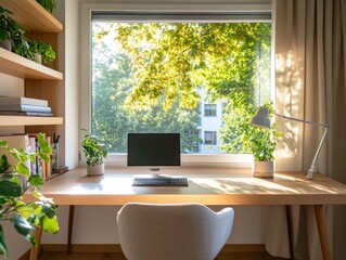 A desk with a computer, keyboard, and mouse. A chair is next to the desk. A window is open and there are potted plants on the desk