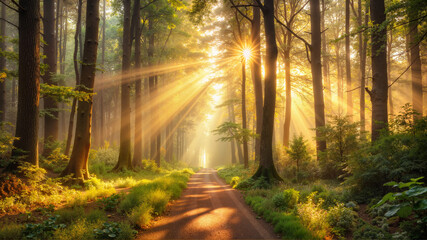 Naklejka premium Sunlight filtering through a forest pathway
