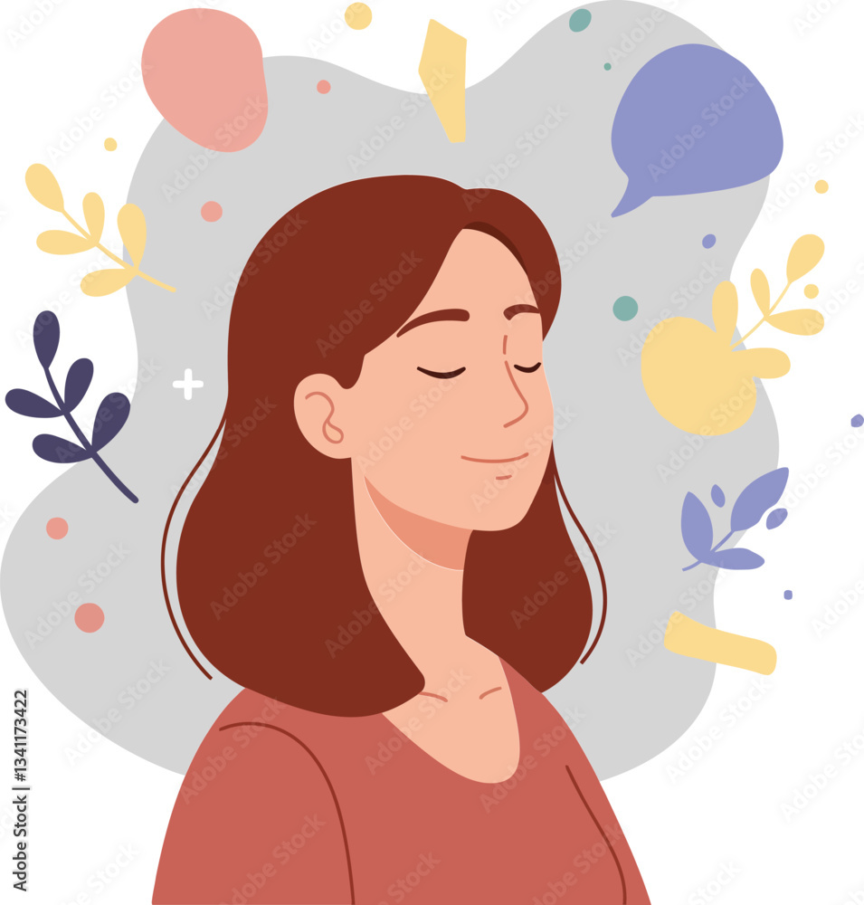 Poster a woman with closed eyes in a relaxed pose surrounded by colorful abstract shapes in a flat vector i