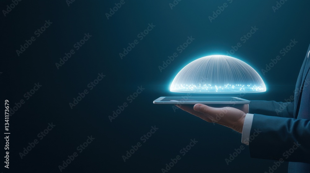Poster digital display of futuristic data interface on a tablet device