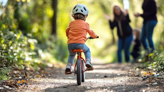 A young child bravely learning to ride a bicycle on a path in nature