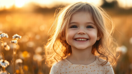 Fototapeta premium A beautiful little girl smiles brightly in a field of daisies bathed in warm sunset light.