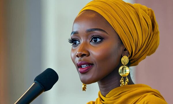 Halima Aden, a Somali-American model and activist, speaking at an event.  She wears a stylish mustard yellow hijab and earrings.