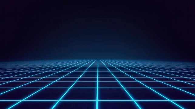 Blue grid background with glowing neon lines on a dark black background. A perspective grid in a retro-futuristic style for virtual reality or game design. 80s laser effects. Diagonal
