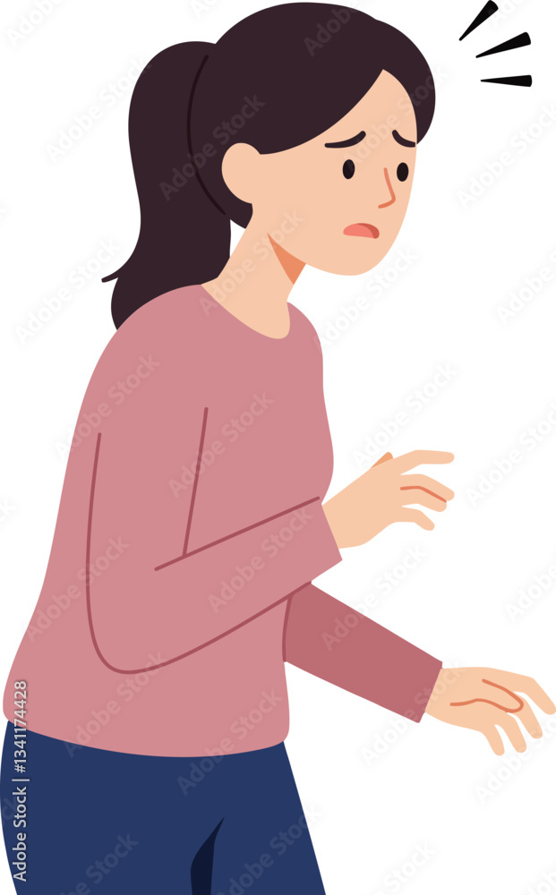 Poster concerned woman with an anxious expression in a flat design style, showcasing vulnerability and unea