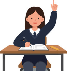 Student in a navy blue uniform raising her hand, sitting at a wooden desk, writing in a notebook, flat vector illustration