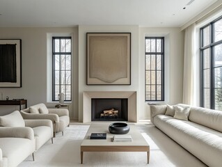 Fototapeta premium A living room with a fireplace and a large painting on the wall. There are two couches and two chairs in the room