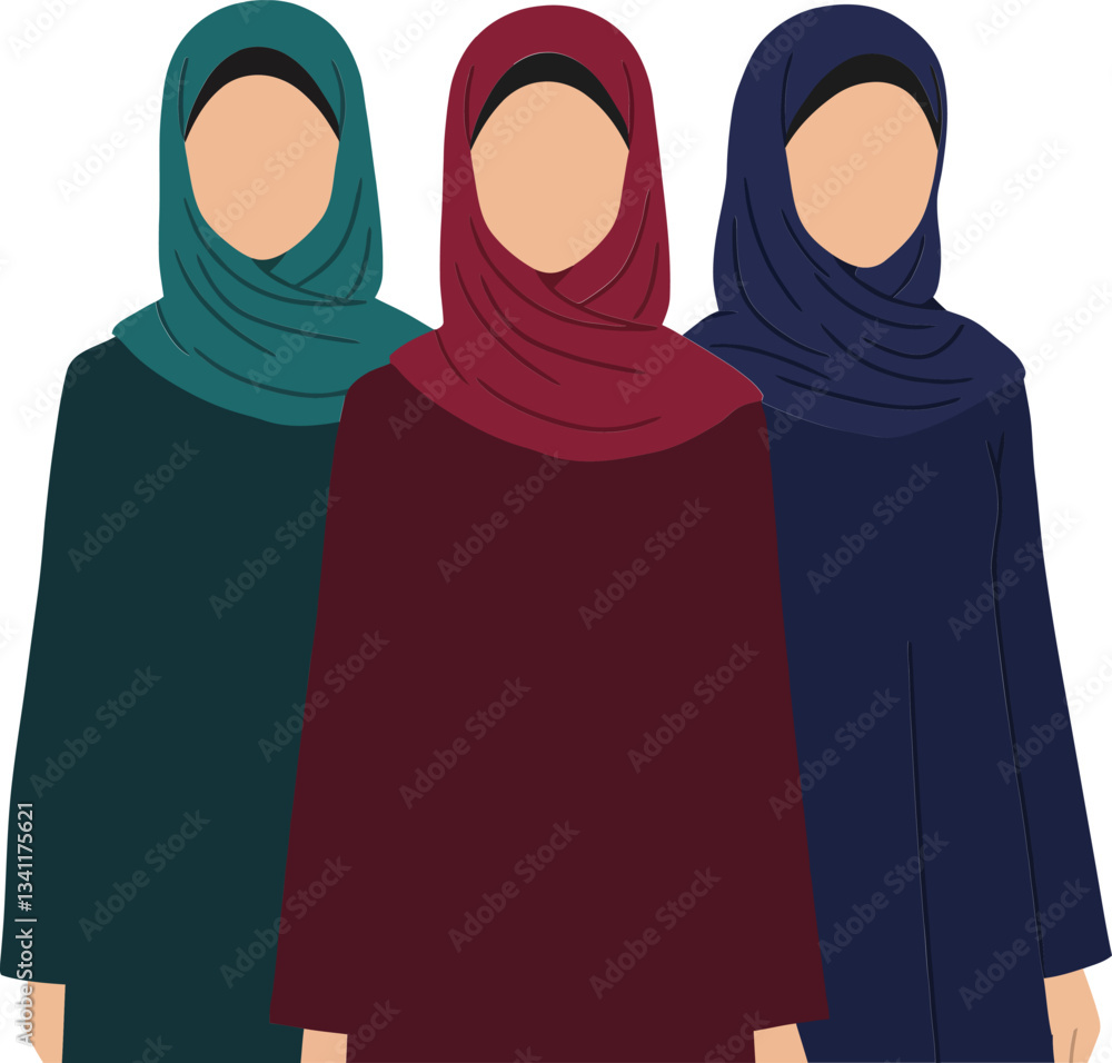 Poster three women wearing colorful hijabs in a minimalistic flat design showcasing unity and diversity in 