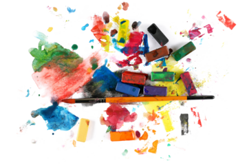 Colorful paint palette and brush, watercolors smeared isolated on white background, painting set, top view
