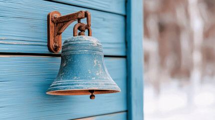 Obraz premium A worn blue bell attached to a light-blue wooden wall, adding a vintage maritime charm and retro atmosphere.