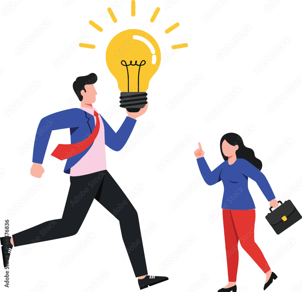 Poster a man running energetically with a light bulb symbolizing an idea while a woman encourages him in a 