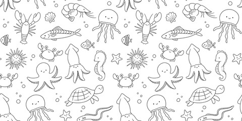 Seamless pattern with outline sea animals on white background, underwater life, vector illustrations. Nautical repeating monochrome design for nursery