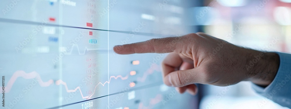 Poster close-up of hand interacting with data on financial screen display