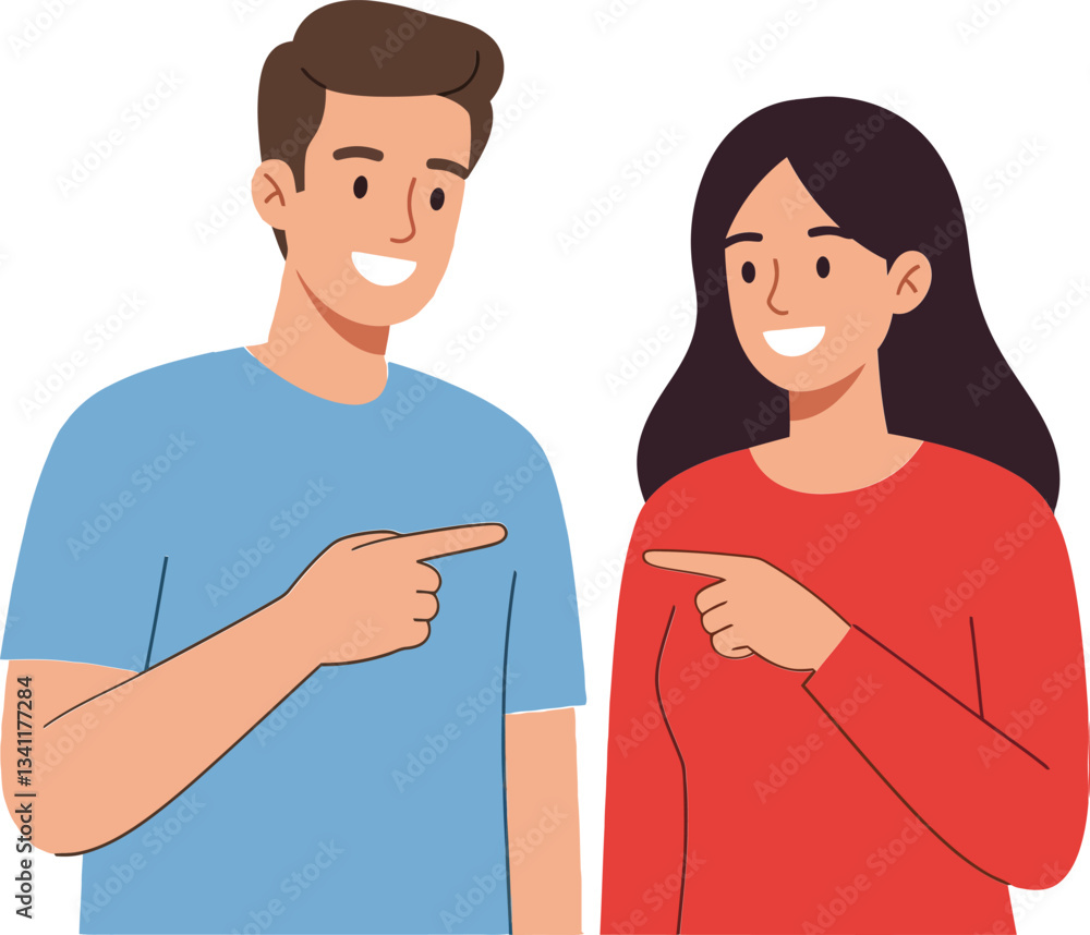 Poster two cheerful individuals engaging in conversation while playfully pointing at each other in a minima