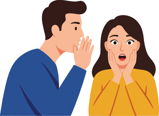 Two people engaged in a secretive conversation, showcasing surprise and intrigue, flat vector art
