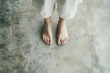 A bare feet standing on cold concrete flooring, creating a minimal and stark effect

