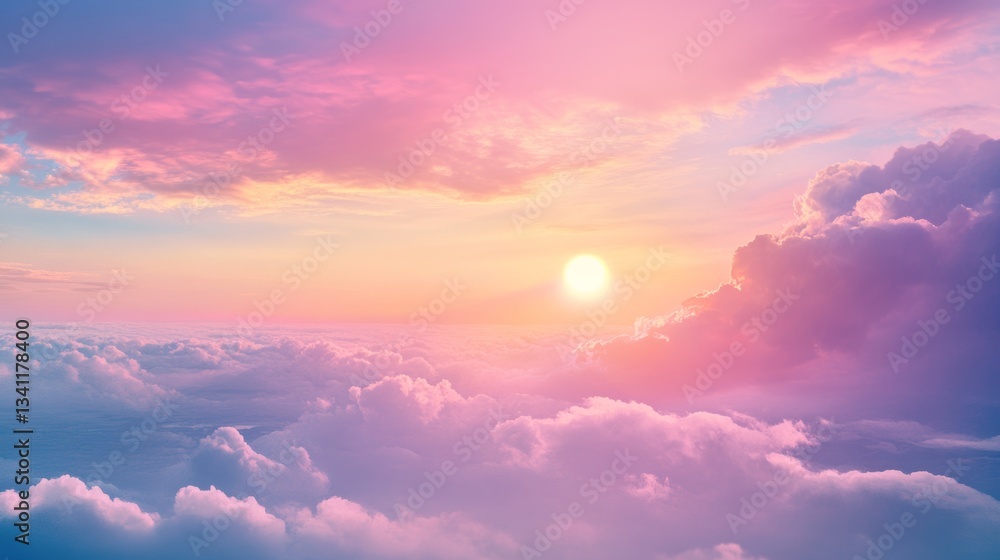 Wall mural beautiful pink sunset in the sky with clouds. aerial view of fantasy dreamy cloudy background.