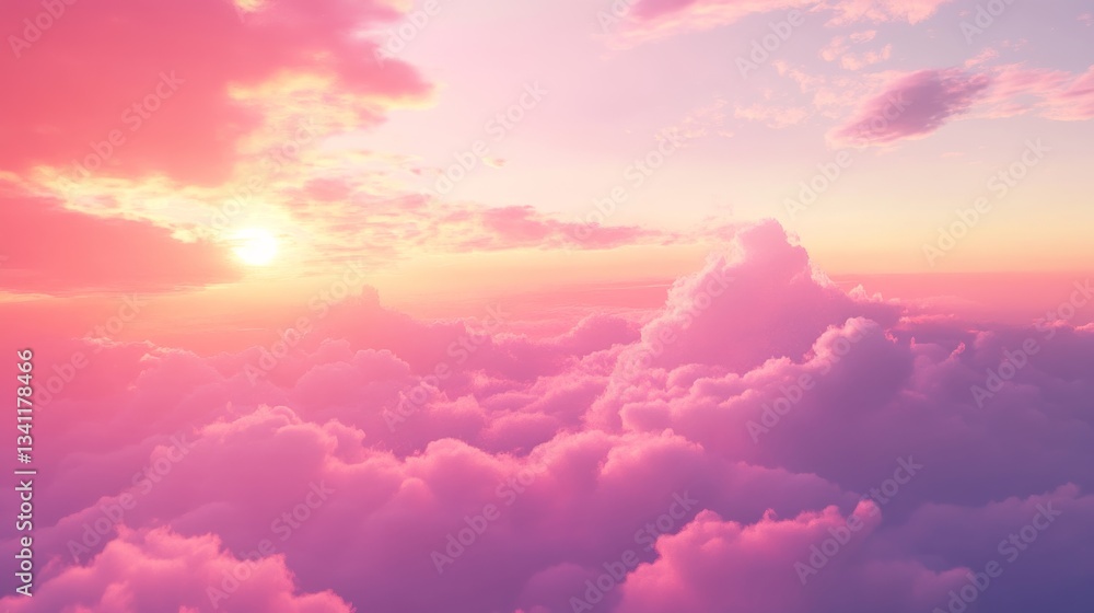Wall mural beautiful pink sunset in the sky with clouds. aerial view of fantasy dreamy cloudy background.