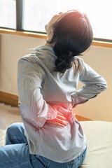 Back pain, lower back ache, muscle ligament strain or spine injury in young adult woman with...