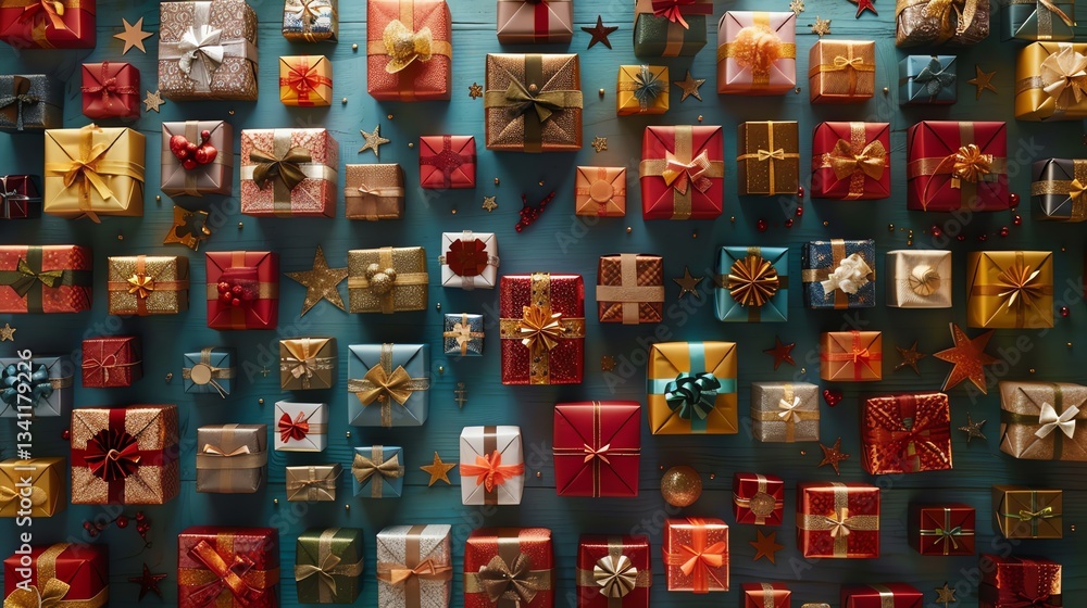 Poster a background of many wrapped gifts in various colors and patterns.