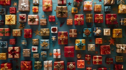 A background of many wrapped gifts in various colors and patterns.
