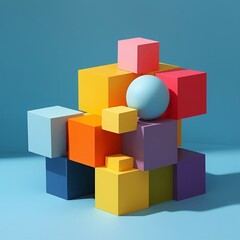 Obraz premium Colorful Geometric Composition with Cubes and Sphere against Blue Background