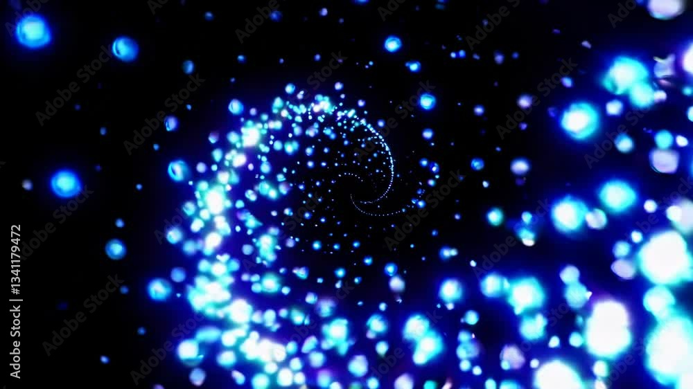 Poster glowing blue spiral particles rotating on black background. abstract motion graphics concept. perfec