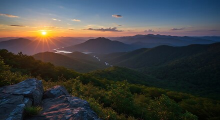 Scenic Mountain View at Sunrise with Lake and Lush Greenery
