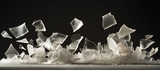 Shattered Glass Fragments in Mid-Air against Dark Background