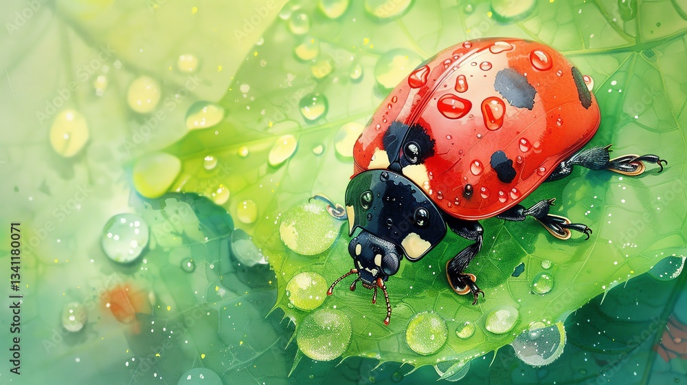 Poster a ladybug sits on a green leaf with water droplets.