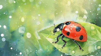 A ladybug sits on a green leaf covered in water droplets.
