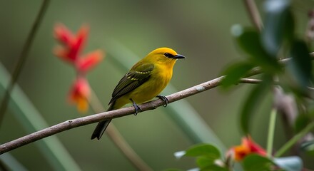 Obraz premium Vibrant Yellow Bird Perched on Branch in Lush Tropical Setting