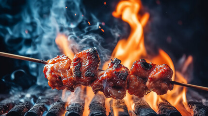 chicken skewed on fire