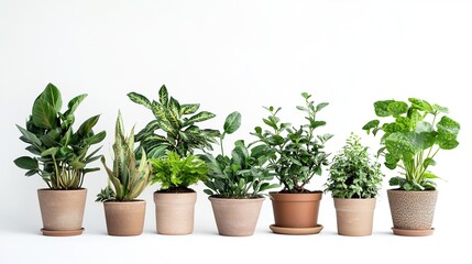 Obraz premium Eight potted houseplants in terracotta pots on white background.