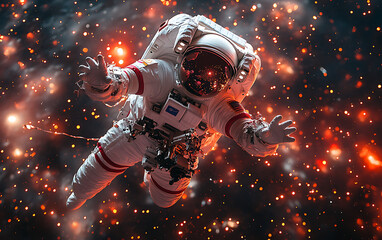 Astronaut in Santa Suit Floating in Space