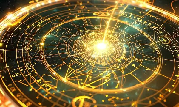 Astrological Chart A detailed astrological birth chart, with planetary symbols and zodiac signs, intricately designed and glowing softly
