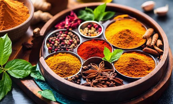 A traditional Indian spice box (masala dabba) filled with vibrant spices such as paprika, asafoetida, and ground ginger