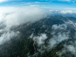 Aerial view Beautiful natural landscape Rainforest mountains in the sunrise or sunset time,Natural scenery tropical forest and fog in asia,Wide angle view drone shot