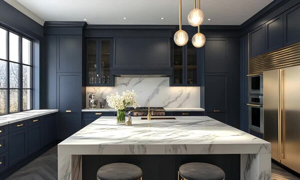 A luxury kitchen with a marble island, gold hardware, and custom cabinetry in a deep navy color