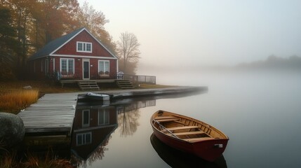 Idyllic lakeside retreat with boathouse shrouded in morning mist and tranquil waters
