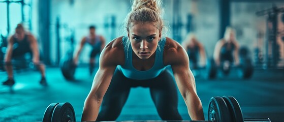 A strong woman performs a dumbbell exercise at the gym, showing strength and determination. Suitable for articles about fitness, motivation and healthy lifestyle.