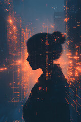 c. A mysterious AI-generated silhouette in a futuristic skyline, with glowing data streams flowing around, showcasing the advanced capabilities of AI-powered storytelling. 