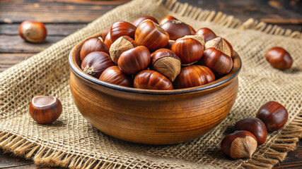 Obraz premium Wooden bowl filled with fresh chestnuts