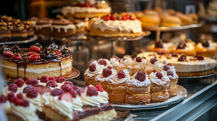 Delicious cakes displayed in pastry shop showcase