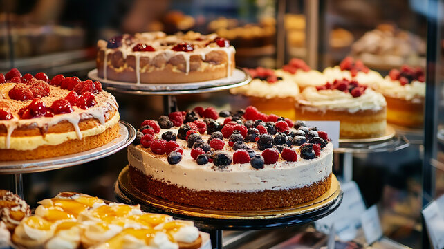 Delicious cakes displayed in pastry shop showcase