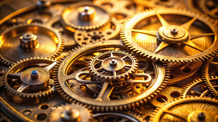 Close-up of golden mechanical gears