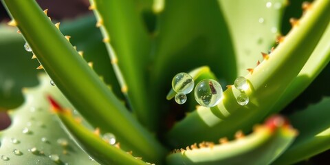 Clear water droplets cling to succulent aloe vera leaf, glistening in sunlight, vibrant, detail