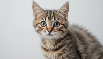 Obraz premium Cute tabby kitten with expressive eyes sitting against a white background