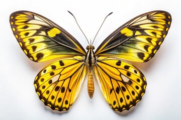 Fototapeta premium Macro close-up of a Yellow Birdwing (Ornithoptera priamus) butterfly, vibrant wings against a pure white background.