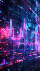 Fototapeta premium c. A vibrant holographic display of stock market data, including rising trends, numerical analytics, and futuristic design elements. 